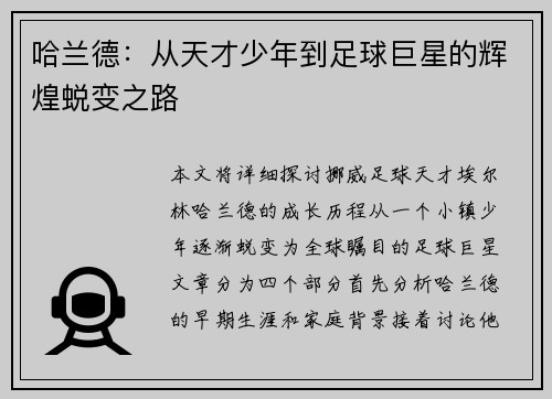 哈兰德：从天才少年到足球巨星的辉煌蜕变之路