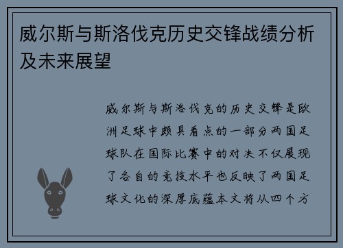 威尔斯与斯洛伐克历史交锋战绩分析及未来展望
