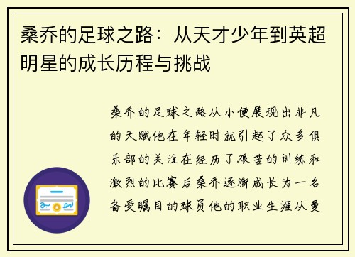 桑乔的足球之路：从天才少年到英超明星的成长历程与挑战