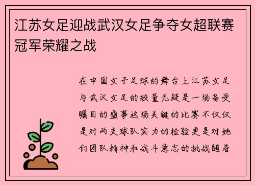江苏女足迎战武汉女足争夺女超联赛冠军荣耀之战