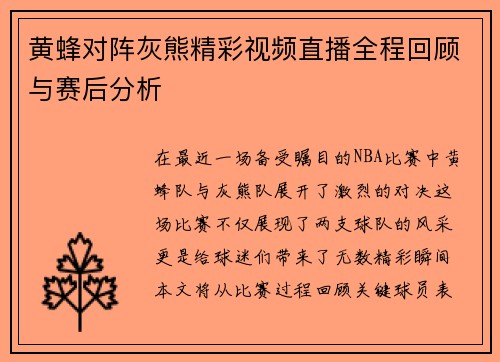 黄蜂对阵灰熊精彩视频直播全程回顾与赛后分析