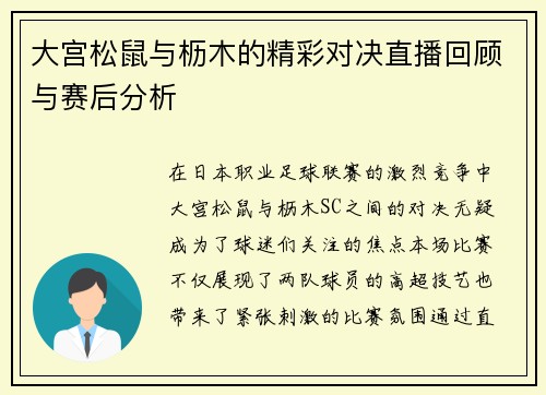 大宫松鼠与枥木的精彩对决直播回顾与赛后分析