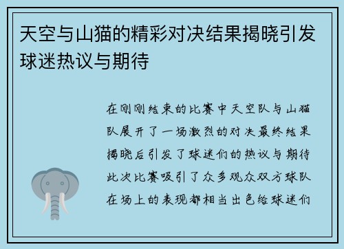天空与山猫的精彩对决结果揭晓引发球迷热议与期待