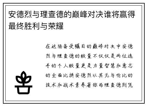 安德烈与理查德的巅峰对决谁将赢得最终胜利与荣耀