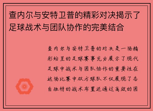 查内尔与安特卫普的精彩对决揭示了足球战术与团队协作的完美结合