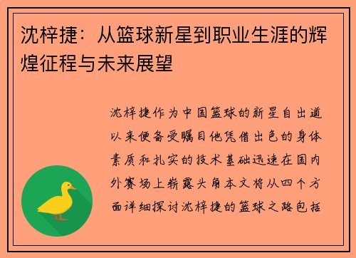 沈梓捷：从篮球新星到职业生涯的辉煌征程与未来展望