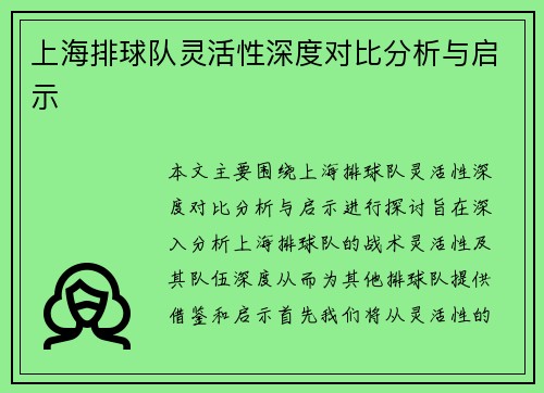 上海排球队灵活性深度对比分析与启示